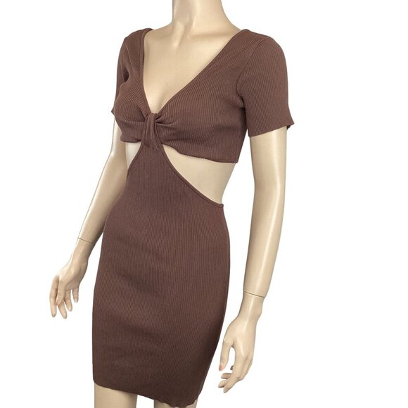 Olivaceous Sexy‎ Cut-Out Ribbed Knit Bodycon Dress Medium Mini Brown - Picture 4 of 8